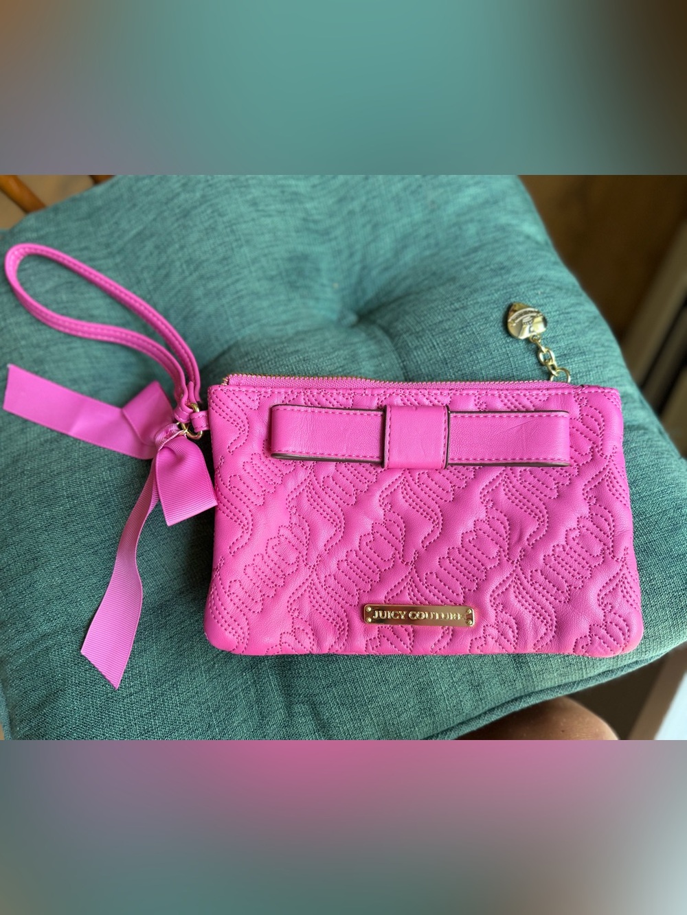 Juicy Couture Pink Quilted Bow Wristlet with Gold Plaque